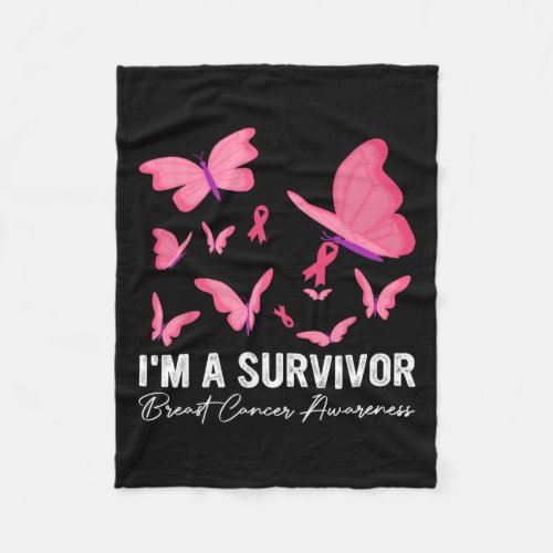 Pink Butterfly Heart Im A Survivor Breast Cancer  Fleece Blanket