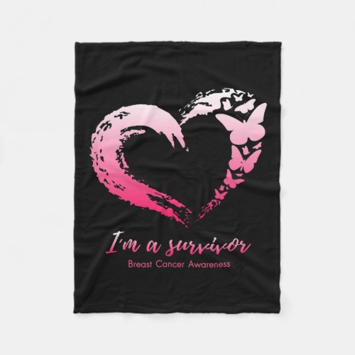 Pink Butterfly Heart Im A Survivor Breast Cancer  Fleece Blanket