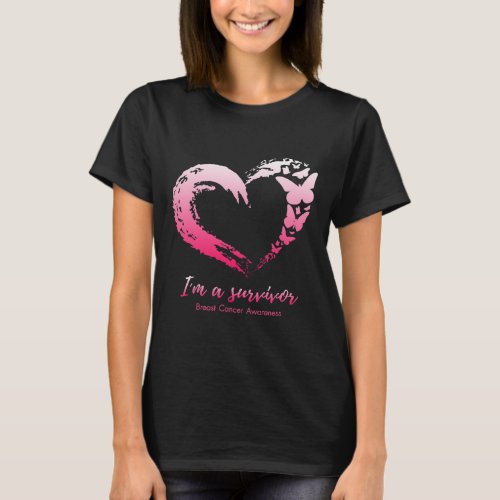 Pink Butterfly Heart Im A Survivor Breast Cancer  T_Shirt