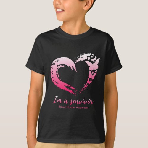 Pink Butterfly Heart Im A Survivor Breast Cancer  T_Shirt