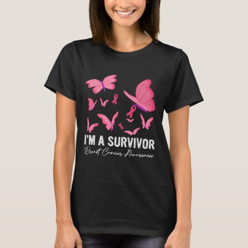 Pink Butterfly Heart Im A Survivor Breast Cancer  T_Shirt