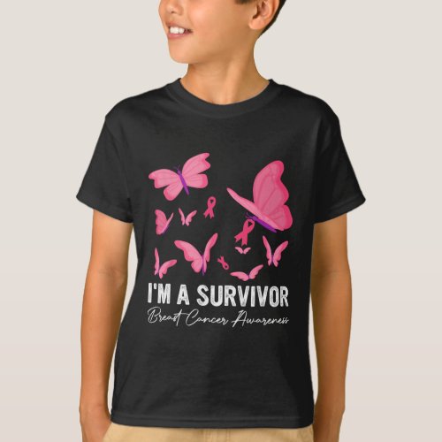 Pink Butterfly Heart Im A Survivor Breast Cancer  T_Shirt