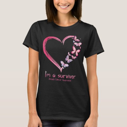 Pink Butterfly Heart Im A Survivor Breast Cancer  T_Shirt