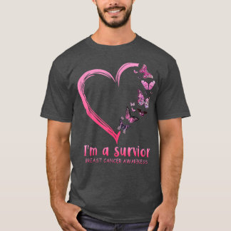 Pink Butterfly Heart I'm A Survivor Breast Cancer  T-Shirt