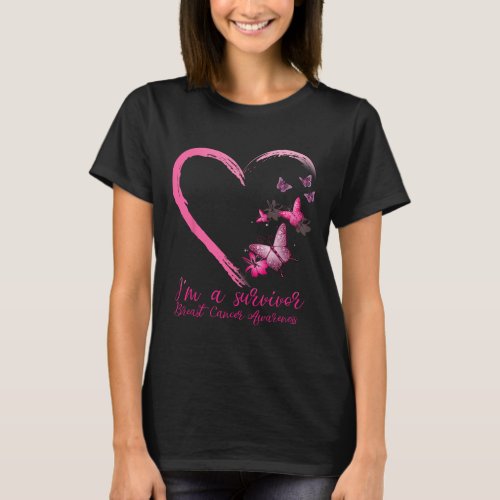 Pink Butterfly Heart Survivor Breast Cancer Awaren T_Shirt