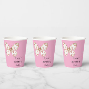 Pink Butterfly Hearts Birthday Paper Cups