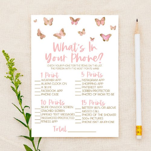 Pink Butterfly In Your Phone Baby Shower Game Stationery