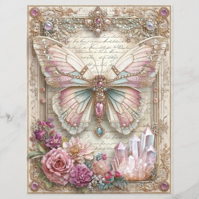 Pink Butterfly Junk Journal Scrapbook Paper (Front)