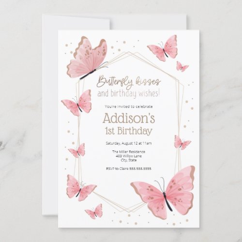 Pink Butterfly Kisses and Birthday Wishes Birthday Invitation