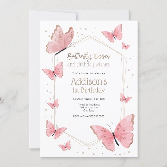 Pink Butterfly Kisses and Birthday Wishes Birthday Invitation (Front)