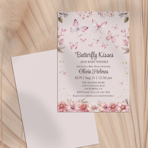 Pink Butterfly Kisses Baby Girl Shower Invitation