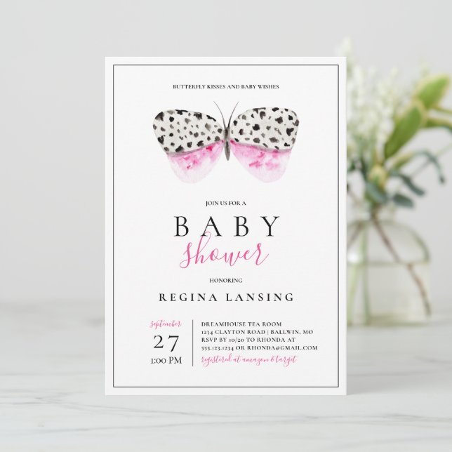Pink Butterfly Kisses Baby Shower Invitation (Standing Front)