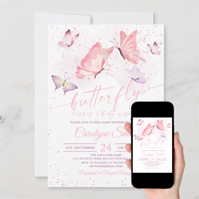Pink Butterfly Kisses & Baby Wishes Baby Shower Invitation Zazzle