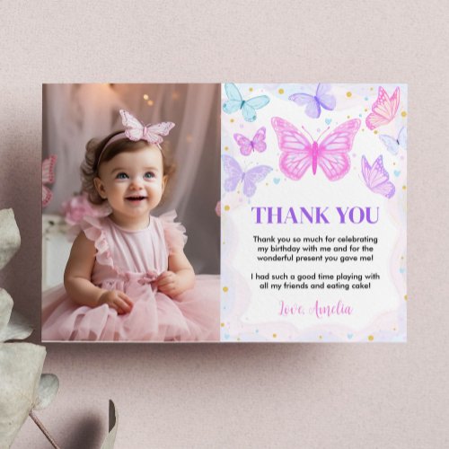 Pink Butterfly Kisses Birthday Photo Thank You