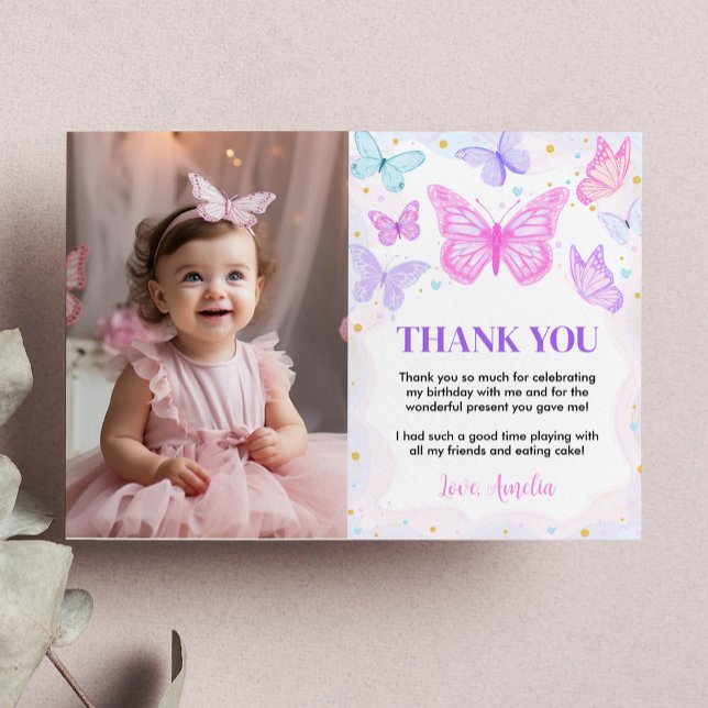 Pink Butterfly Kisses Birthday Photo Thank You Card (Creator Uploaded)