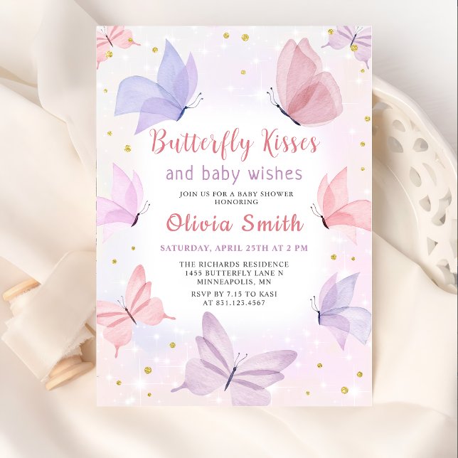 Pink Butterfly Kisses Girl Baby Shower Invitation (Creator Uploaded)