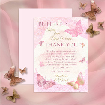 Pink Butterfly Kisses Girl Baby Shower  Thank You Card by holidayhearts at Zazzle
