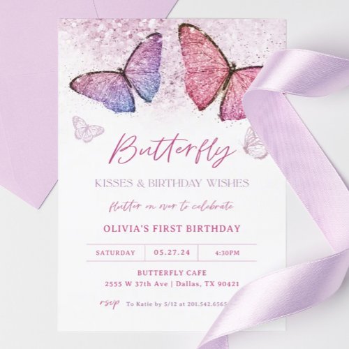 Pink Butterfly Kisses Girl Birthday Party Invitation