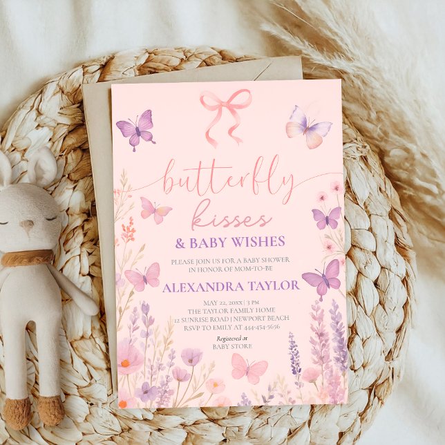 pink Butterfly Kisses ribbon bow baby shower Invitation (Creator Uploaded)
