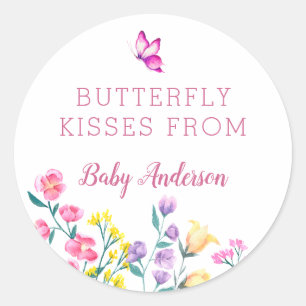 Pink Butterfly Kisses Spring Baby Shower Favor Classic Round Sticker