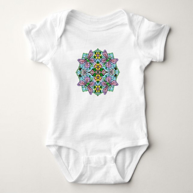 Pink Butterfly Mandala Whimsical Hand Drawn    Baby Bodysuit (Front)