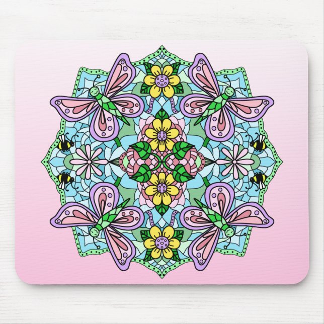 Pink Butterfly Mandala Whimsical Hand Drawn   Mouse Pad (Front)