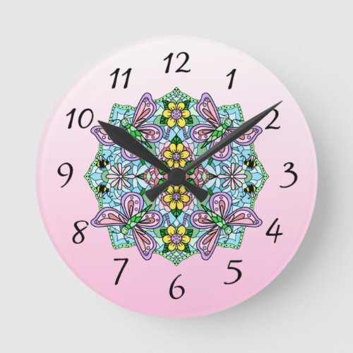 Pink Butterfly Mandala Whimsical Hand Drawn   Round Clock