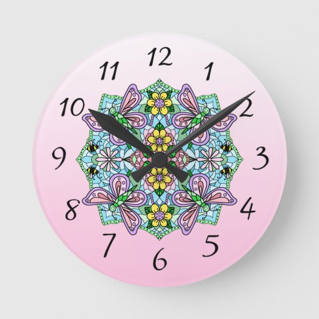 Pink Butterfly Mandala Whimsical Hand Drawn   Round Clock (Front)