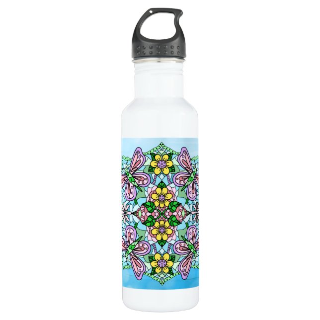 Pink Butterfly Mandala Whimsical Hand Drawn    Stainless Steel Water Bottle (Front)