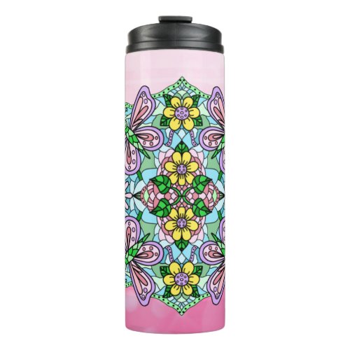 Pink Butterfly Mandala Whimsical Hand Drawn   Thermal Tumbler