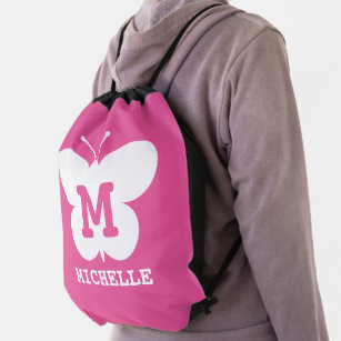 Pink butterfly monogram drawstring bag for girl
