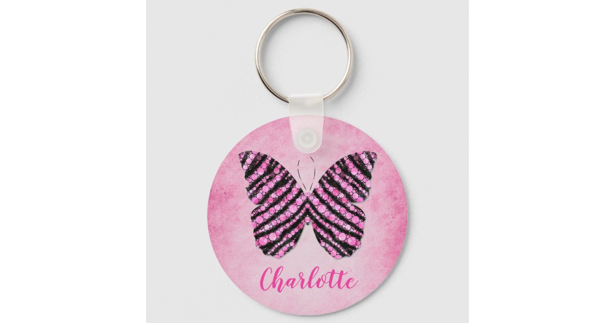 Pink Butterfly Name Monogram Keychain