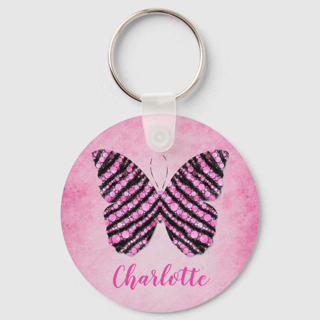 Pink Butterfly Name Monogram Keychain (Front)