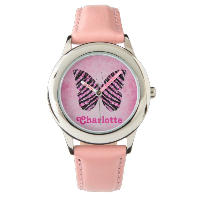 Pink Butterfly Name Monogram Watch (Front)