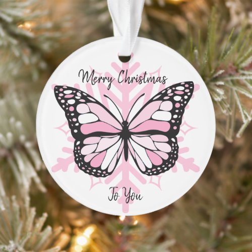 Pink Butterfly on a Snowflake Christmas Ornament