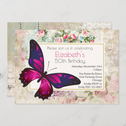 Pink Butterfly on a Vintage Collage Birthday Invitation