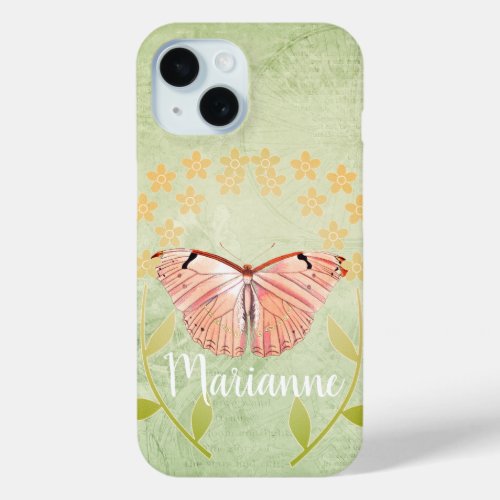 Pink Butterfly on Green Floral Background iPhone 15 Case