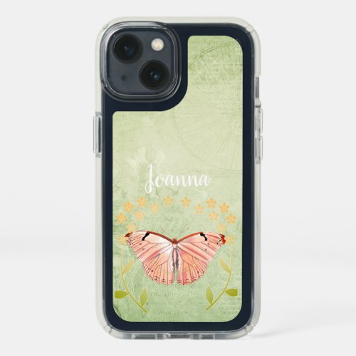 Pink Butterfly on Green Floral Background Speck iPhone 13 Case