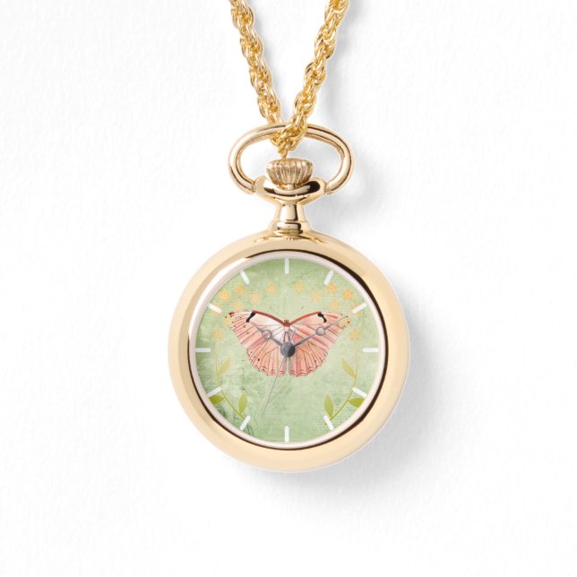 Pink Butterfly on Green Floral Background Watch (Front)