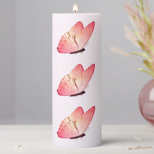 Pink Butterfly Pale Pink Pillar Candle (In Situ)