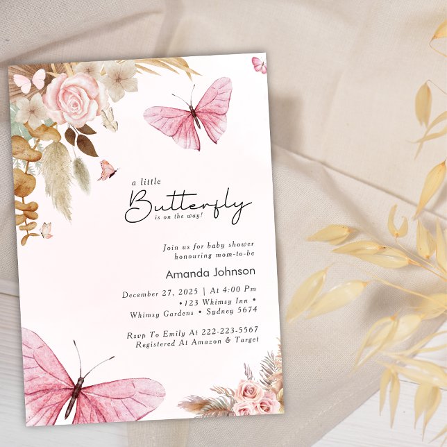 Pink Butterfly Pampas Grass Bohemian Baby Shower  Invitation (Creator Uploaded)
