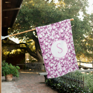 Pink Butterfly Pattern Custom Monogram House Flag