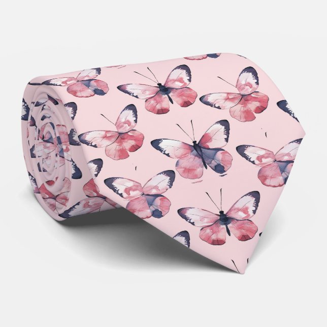 Pink Butterfly Pattern Neck Tie (Rolled)