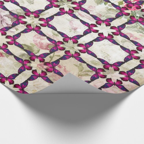 Pink Butterfly Pattern on Shabby Vintage Roses Wrapping Paper