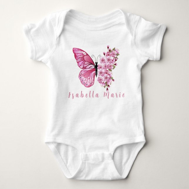 Pink Butterfly Personalized Name Cute Morden  Baby Bodysuit (Front)