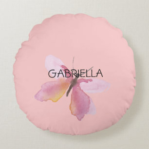 Pink Butterfly Personalized Name Round Pillow