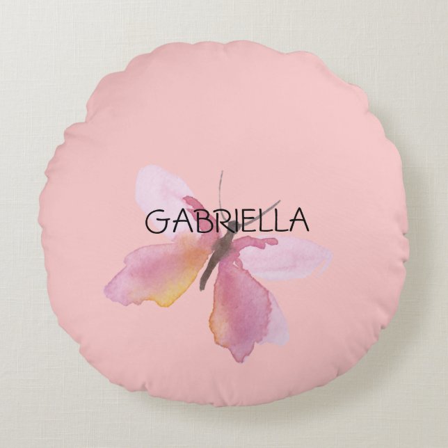 Pink Butterfly Personalized Name Round Pillow (Front)