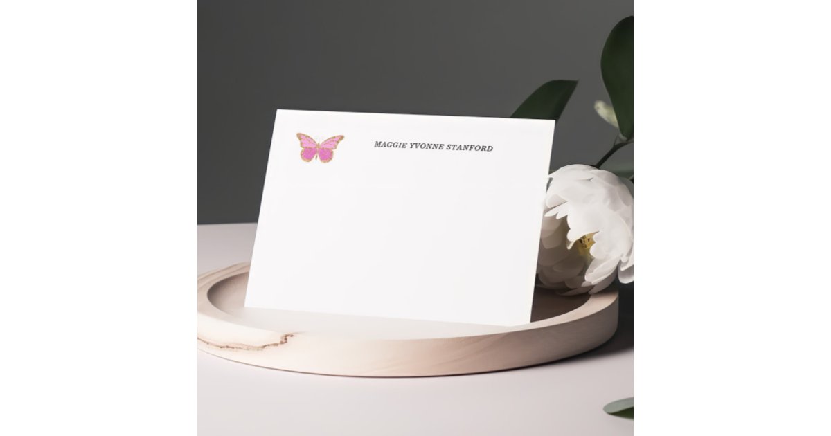 Pink Butterfly Personalized Note Cards | Zazzle