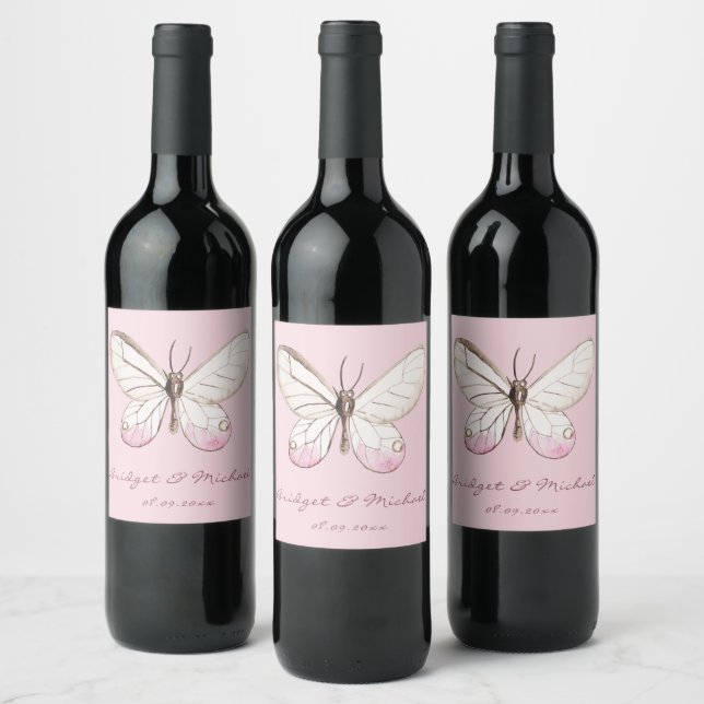Pink Butterfly Personalized Wedding Wine Label (Bottles)