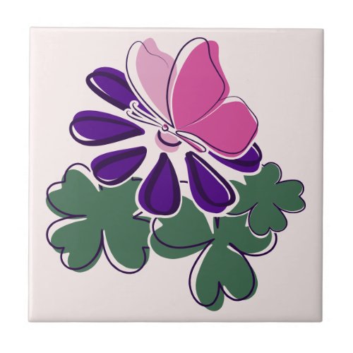 Pink Butterfly  Purple Bloom Doodle Ceramic Tile